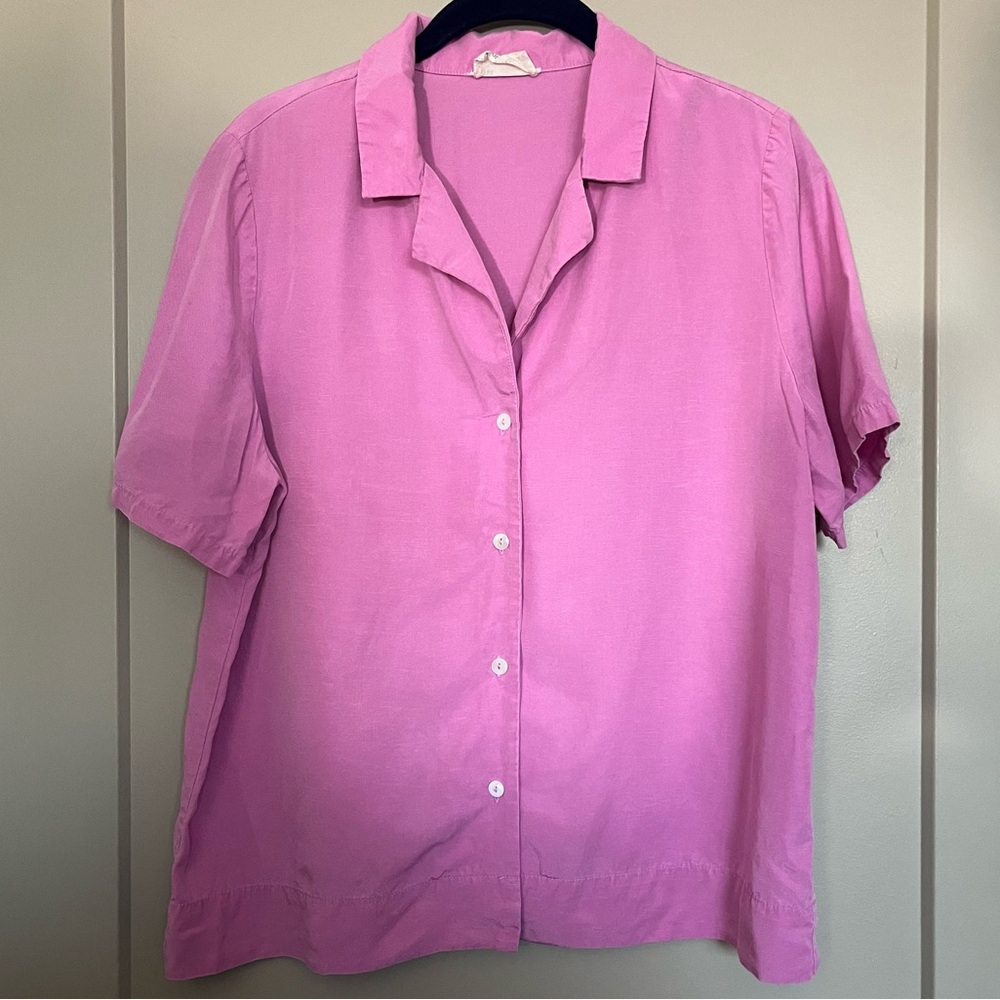 💙10% Linen Button-Down Short Sleeve Top